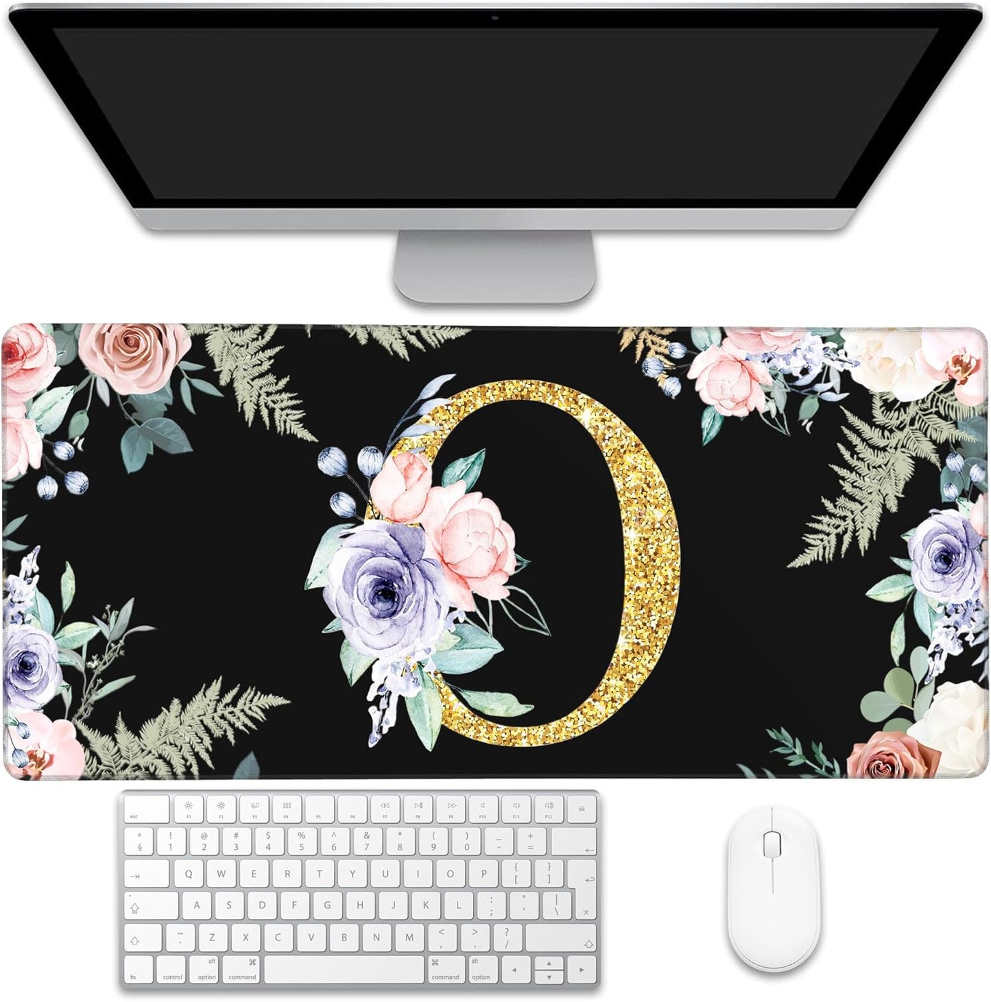Desk Pad, Flower Golden Letters O Extended Gaming Mouse Pad Large, 35.4"x15.7" Big Mouse Pad with Non-Slip Base and Stitched Edge, Long Computer Keyboard Mouse Mat for Home Office Work