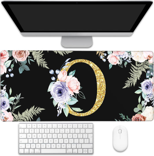 Desk Pad, Flower Golden Letters O Extended Gaming Mouse Pad Large, 35.4"x15.7" Big Mouse Pad with Non-Slip Base and Stitched Edge, Long Computer Keyboard Mouse Mat for Home Office Work