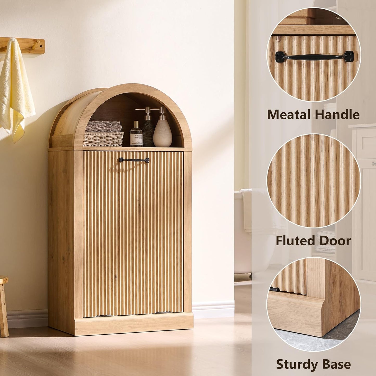 Arched Tilt-Out Trash Can Cabinet, Fluted 10 Gallon Trash Can with Open Shelf, Modern Laundry Hamper Cabinet, Hidden Garbage Can with Storage Basket for Kitchen, Living Room, Narural
