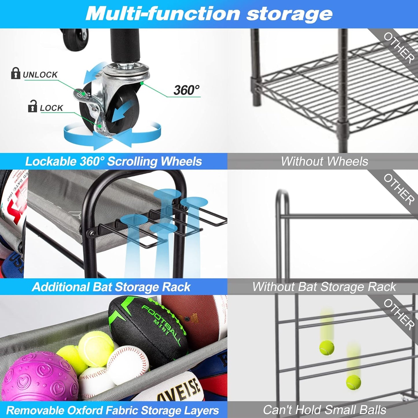 Basketball Rack, 4-Layer Ball Rack Rolling Balls Organizer with Baseball Bat Holder & Hooks Sport Equipment Storage Cart with Wheels for Football, Volleyball, Soccer