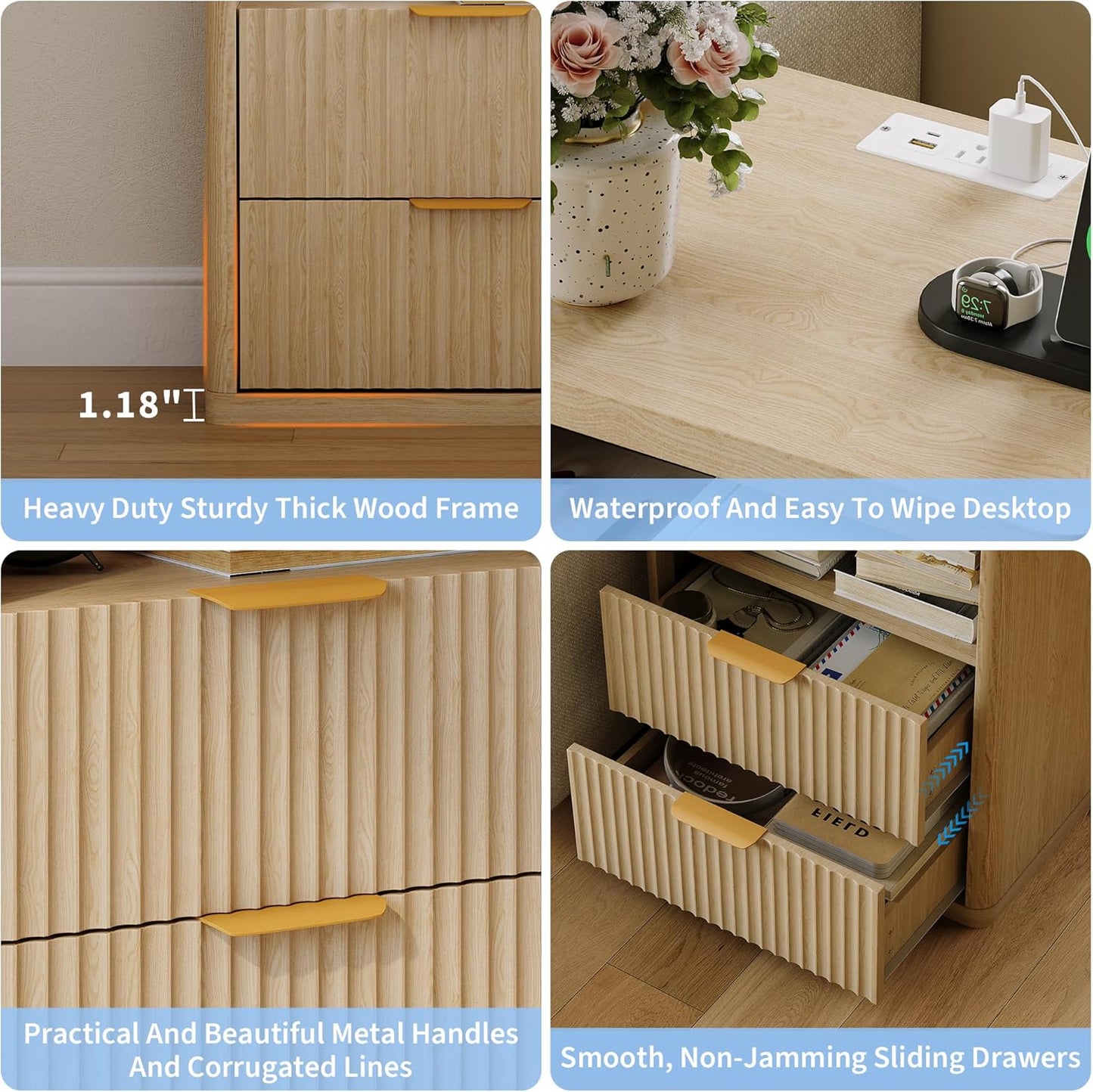 Fluted Nightstand with Charging Station, Bedside Table with 2 Drawers and Open Storage Space, Metal Handles and Rounded Corners for Safety, Mid Century Modern End Table, for Bedroom, Living Room Sofa