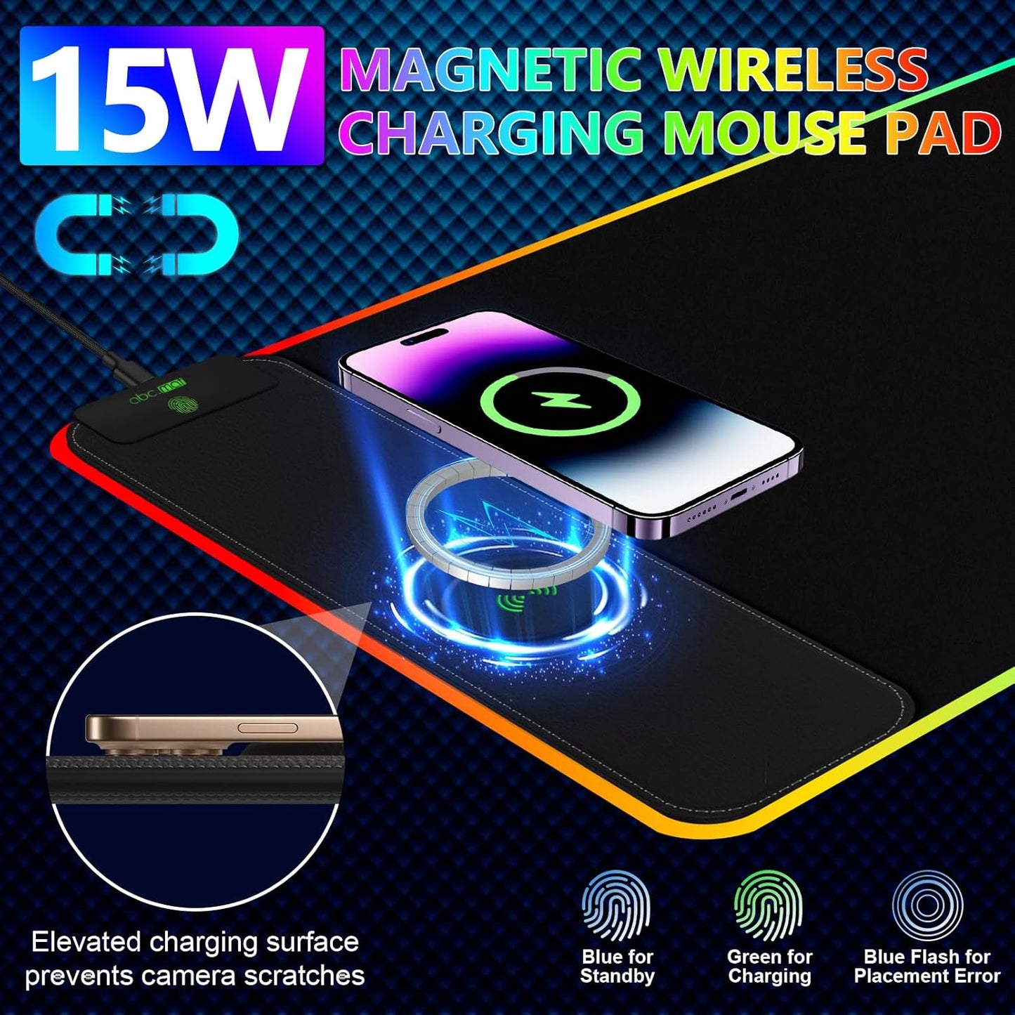 Magnetic Wireless Charging RGB Mouse Pad, 31.5'' x 11.8'' Large LED Gaming Desk Mat, 24 Light Effects, Non-Slip Rubber Base, Waterproof Ultra-Smooth Surface