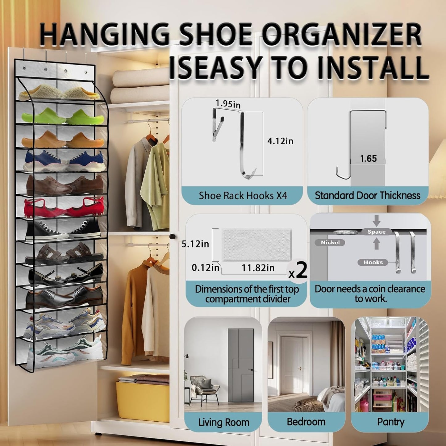 Over The Door Shoe Organizer with 12 Large Breathable Pockets - Durable Hanging Storage for the Entire Family's Shoes - White