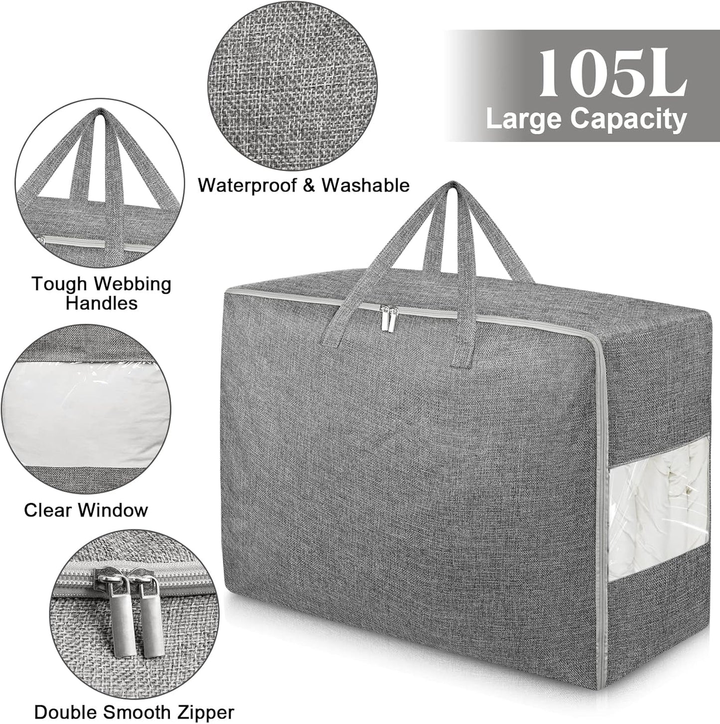 6Pack 105L Extra Large Storage Bags, Folding Moving Comforter Blanket Storage Bags Closet Organizers and Storage Containers for Clothes with Strong Handles&Zippers Clear Window for Bedding Pillow Grey