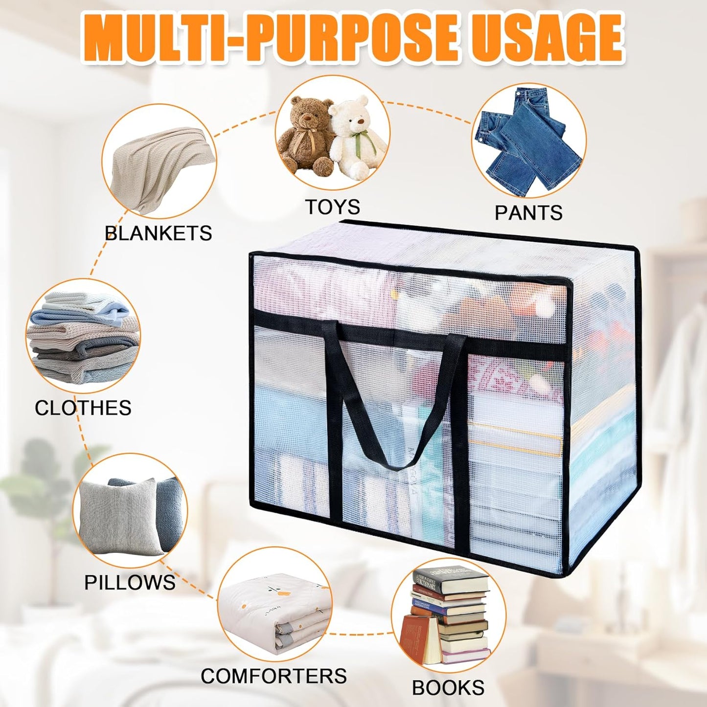 6 Pack Clear Blanket Storage Bags with Zipper, Vinyl Foldable Moving Bags Closet Organizers and Storage Containers for Bedding, Blankets, Comforters, Clothing, Toys, Quilt, Duvet, 60L