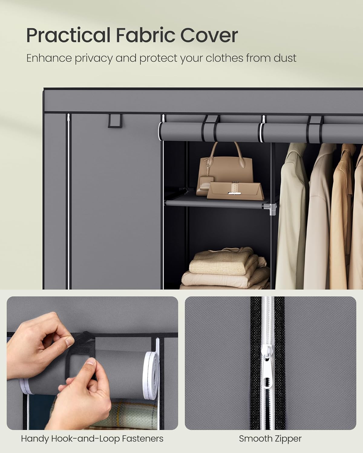 SONGMICS Portable Closet, 51.2 Inch Large Capacity Wardrobe Closet Organizer with Fabric Cover, Hanging Rods and Shelves, 51.2 x 17.7 x 66.1 Inches, for Bedroom, Living Room, Dove Grey URYG096G01