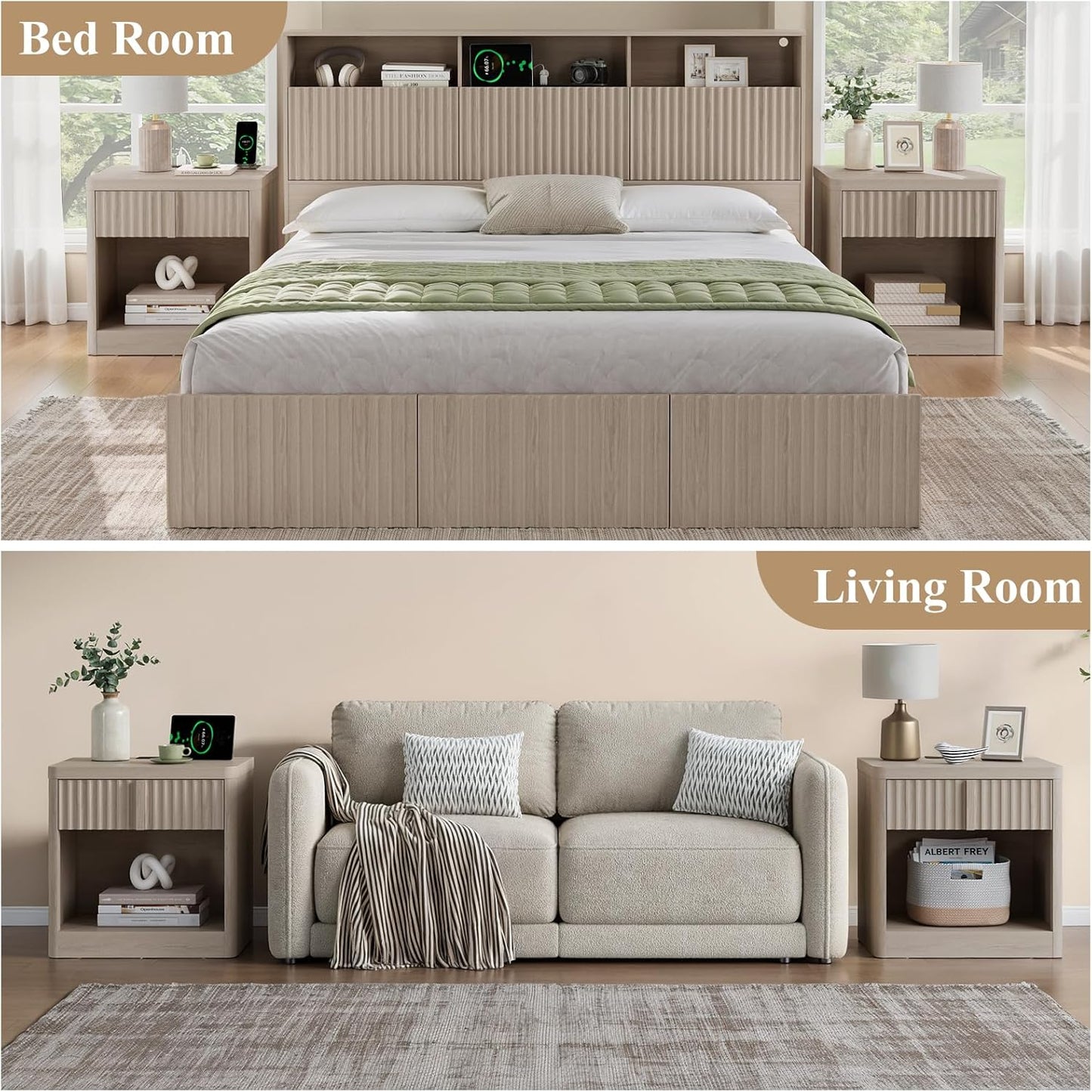 Fluted Nightstand Set of 2 with Charging Station, 23.6" Wood End Table with Solid Wood Handle, Curved Profile Design, Mid Century Moden Bedside Table for Bedroom, White Alder