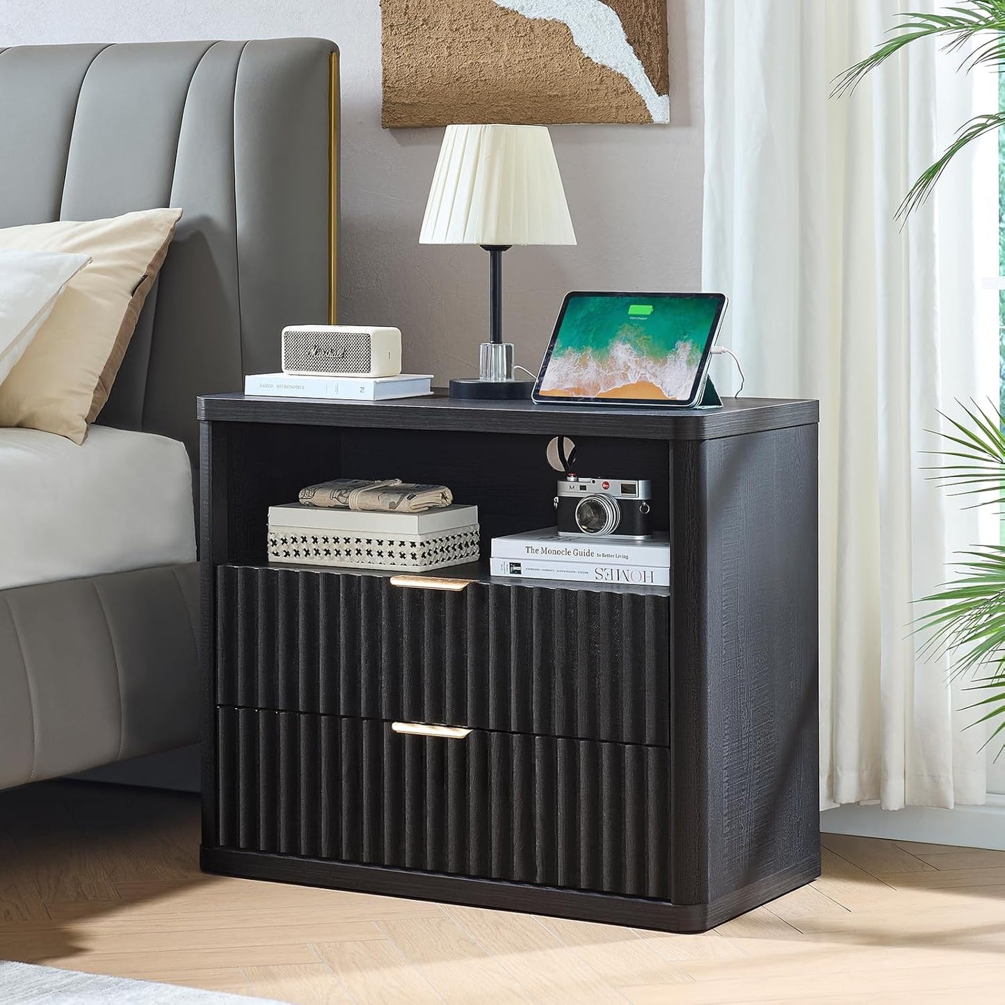 LEYAOYAO 31" Wide Fluted Night Stand Set of 2 with Charging Station, Oversized Extra Large 2 Drawers Nightstand,Black Wood Bedside Table,Tall End Tables,Modern Chest of Drawers Dressers for Bedroom
