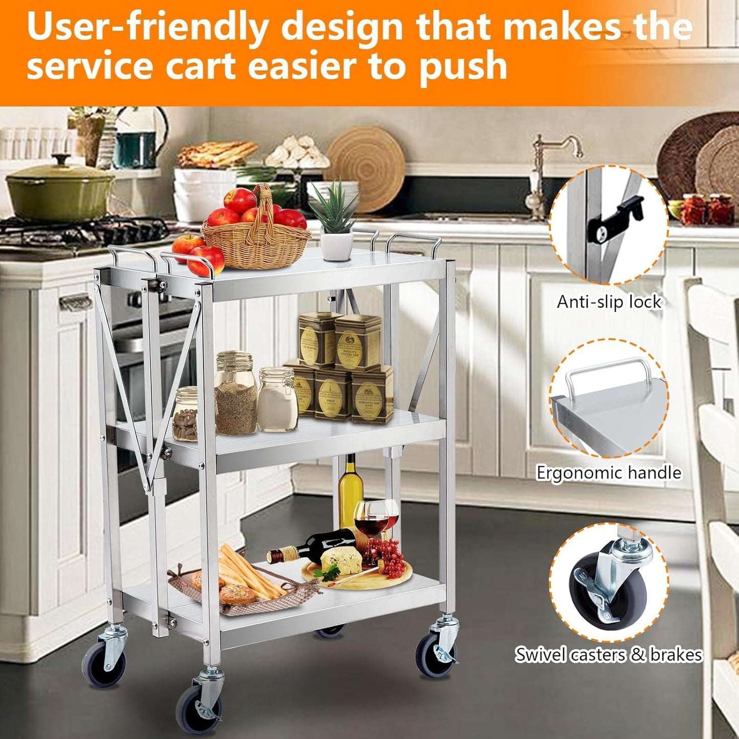 3 Tiers Folding Stainless Steel Utility Service Cart with Wheels-Heavy Duty 300LBS Outdoor Stainless Grill Cart,Kitchen Utility Carts and Service Trolley Carts