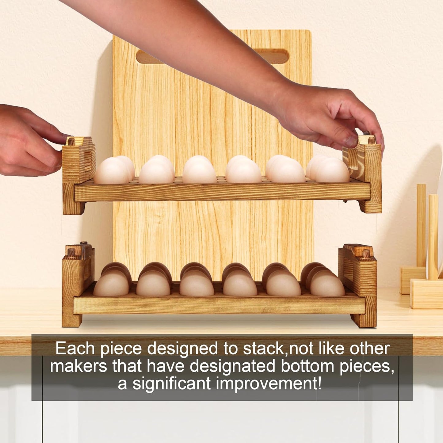 CVHOMEDECO. Wooden Egg Holder Countertop Fresh Egg Holders Firewood Egg Collecting Rack for Gathering Fresh eggs, Stackable with 36 eggs, Home Kitchen Organizer, Set of 2 PCS