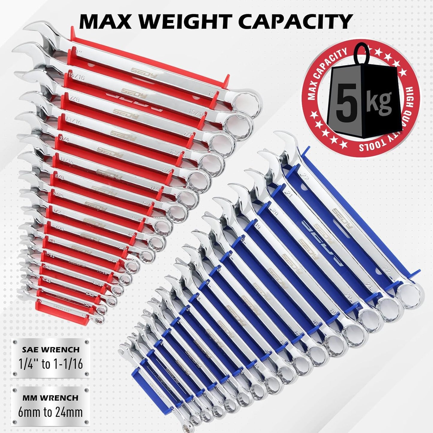 4-Pack Magnetic Wrench Organizer, 64-Slot Premium Wrench Rack Holder Tool Trays for Toolboxes Drawer Storage, SAE (1/4" - 1-1/16") & Metric (6mm - 24mm)