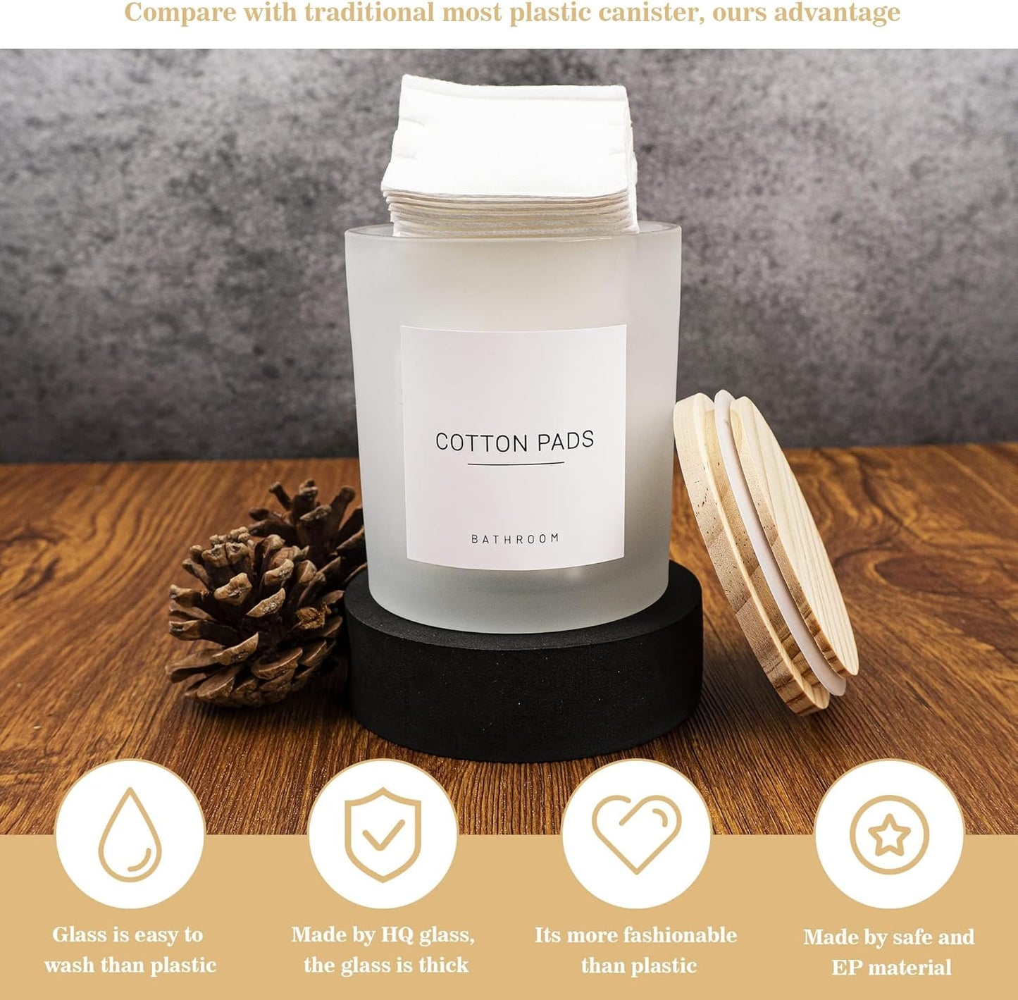 3PCS Modern 13.53oz Transparent Bathroom Canisters with 12 Labels & Wooden Lid Thick Glass Jar Set Qtip Holder for Cotton Ball & Pads Storage Organization Minimalist Decor