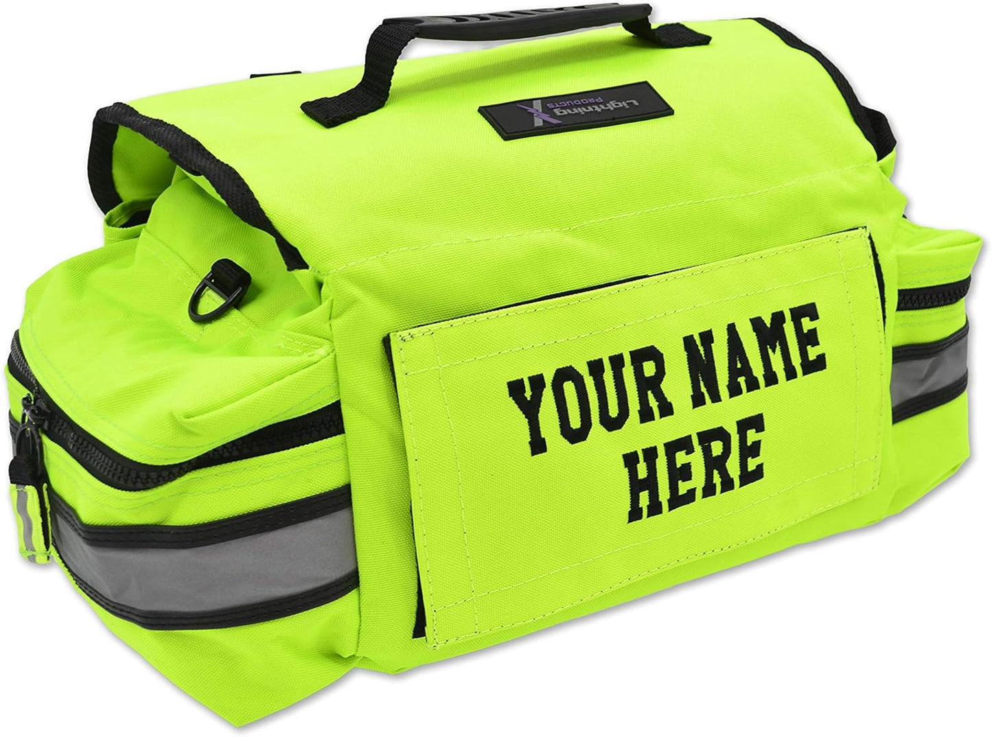 Lightning X Personalized First Responder EMT EMS Trauma Bag w/Stocked First Aid Fill Kit B & Custom Embroidered Name Patch (Fluorescent Yellow)