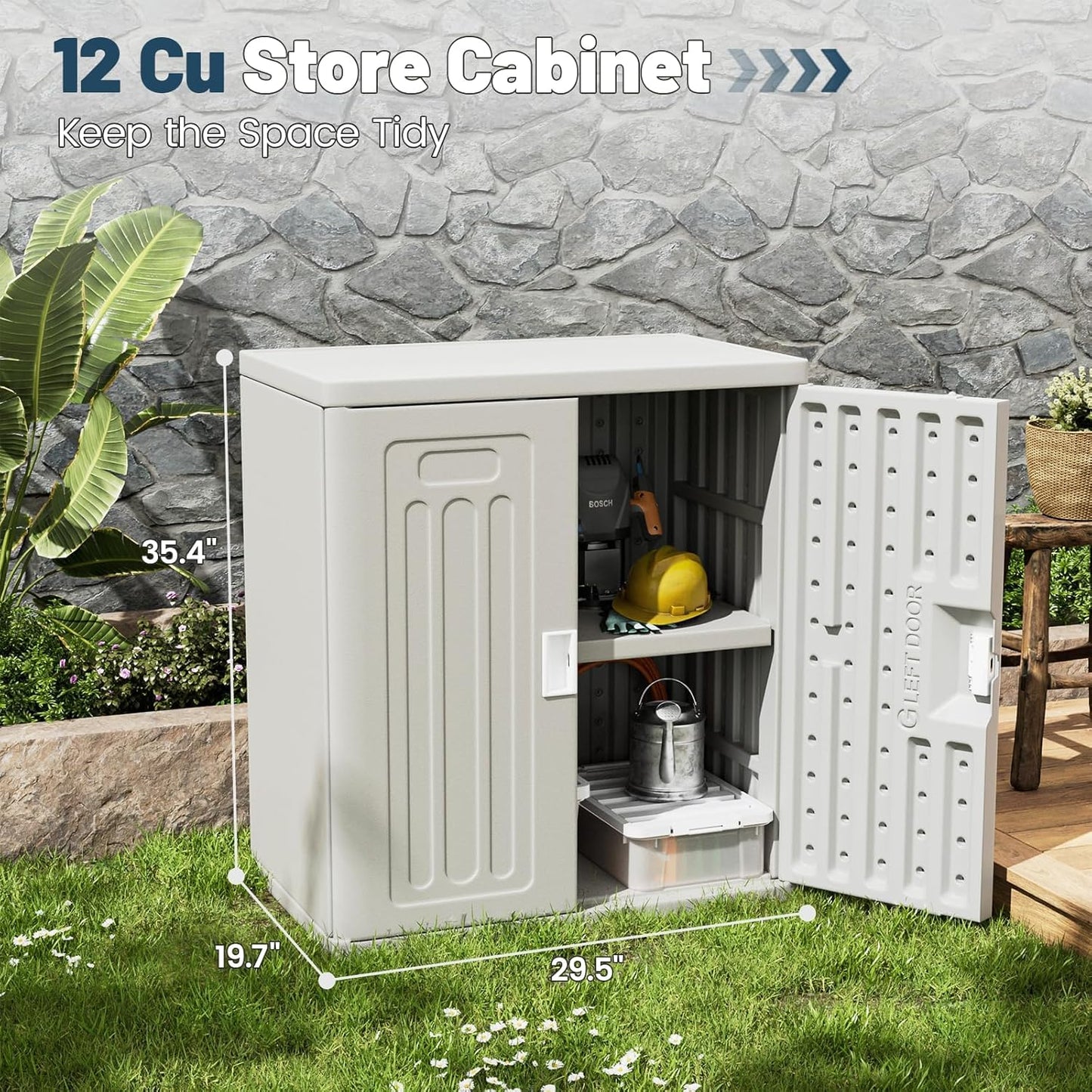Amopatio Outdoor Storage Cabinet Waterproof with 1 Shelf, Patio Storage Shed All Weather Use for Lawn Care Accessories, 19.7" D x 29.5" W x35.4 H, Gray