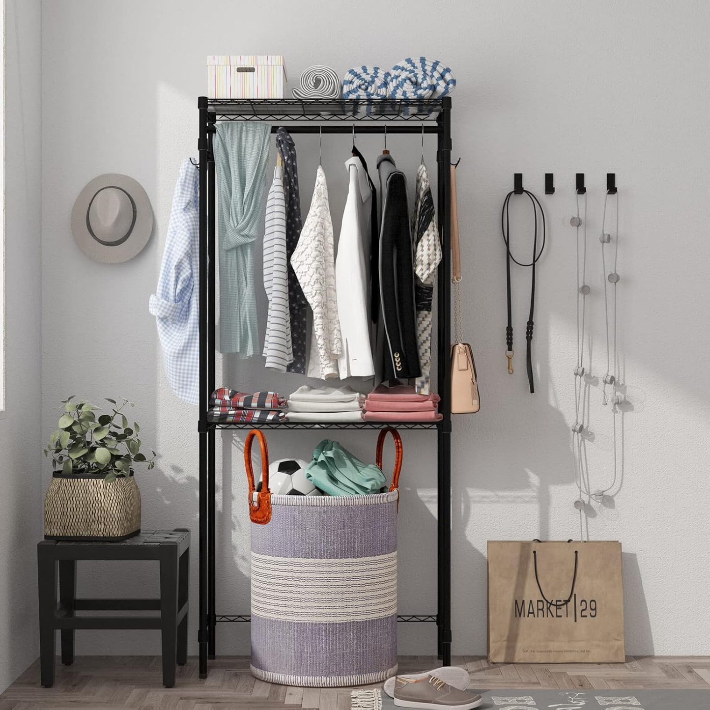 Xiofio Washer and Dryer Storage Shelf,Clothes Drying Rack,2 Tier Adjustable Height Storage Shelving with 2 Side Hook Laundry Shelves Used for Bathroom, Bedroom,Balcony,Black