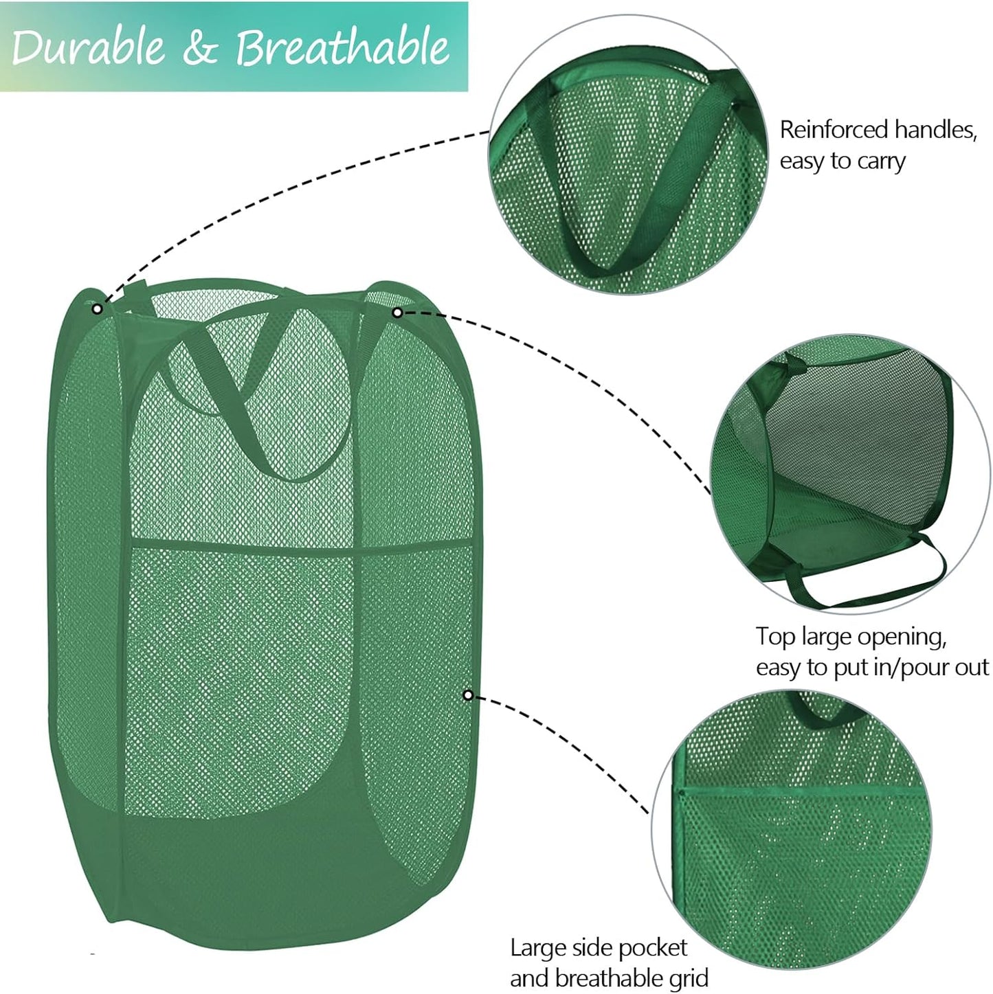 BATTOO Deluxe Strong Mesh Pop up Laundry Hamper Basket with Side Pocket for Laundry Room, Bathroom, Kids Room, College Dorm or Travel Green