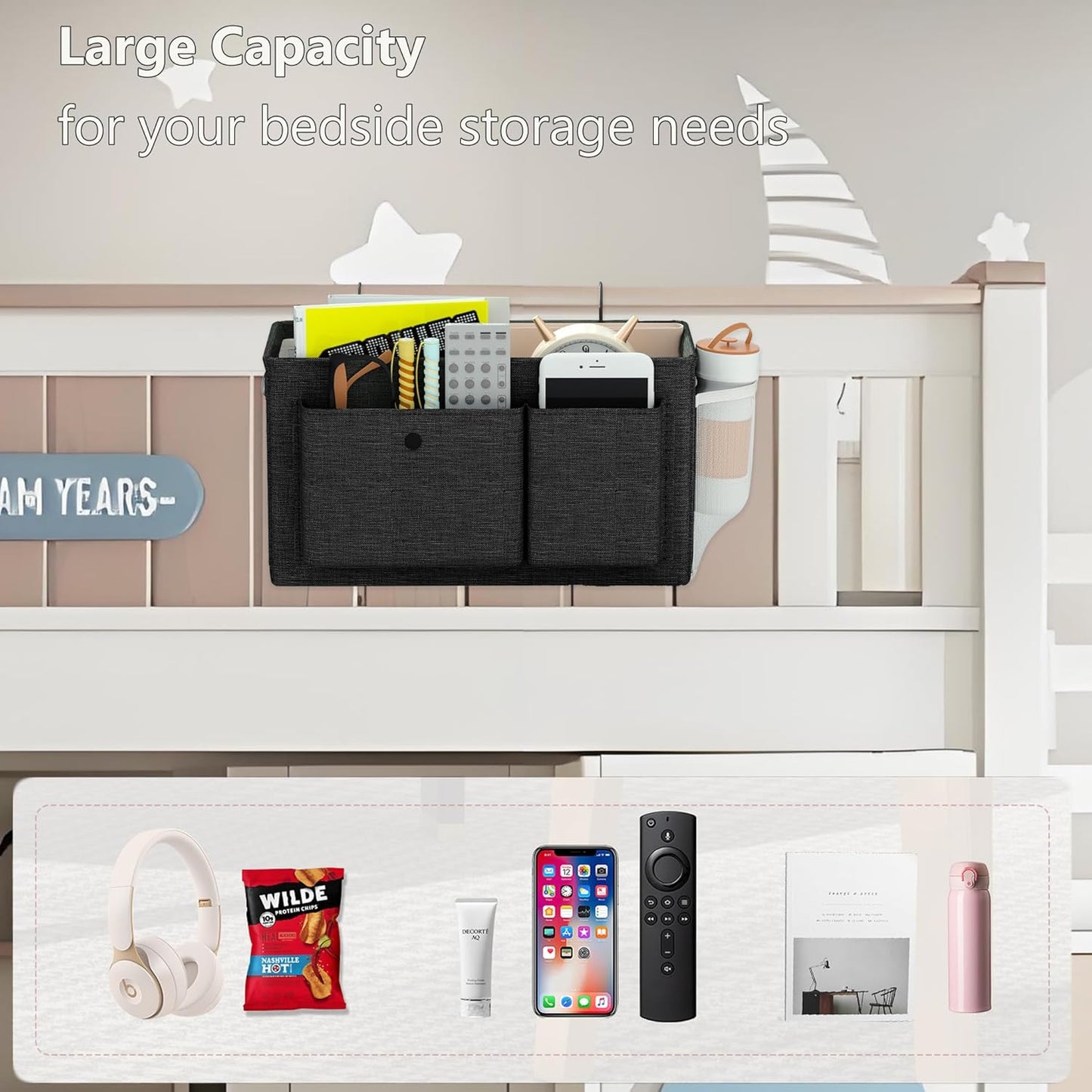 Bedside Caddy Bedside Organizer with Fixed Straps & Water Bottle Holder, Bunk Bed Caddy ideal for Home, Dorm, Hospital, Crib, Versatile Bedside Storage Solution (Black)