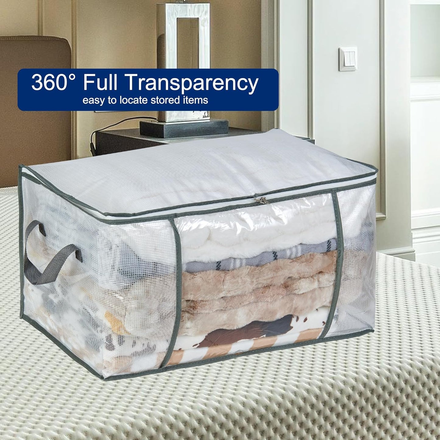 80L Clear Large Storage Bag, Clothes Storage Containers for Organizing Closet, Bedroom, Underbed, Comforters, Clothing, Blankets, Pillow, Foldable Organizer with Sturdy Handle and Zippers (8)