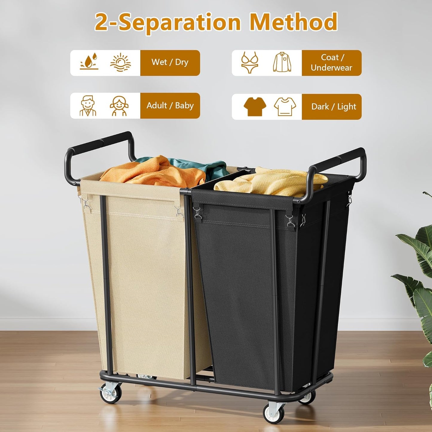 Large laundry hamper with Wheels, 2 Bag 360L Big Rolling Laundry Basket Sorter Cart, Extra Large Laundry Clothes Hamper, Heavy Duty Laundry Basket Organizer for Laundry Room,Bathroom
