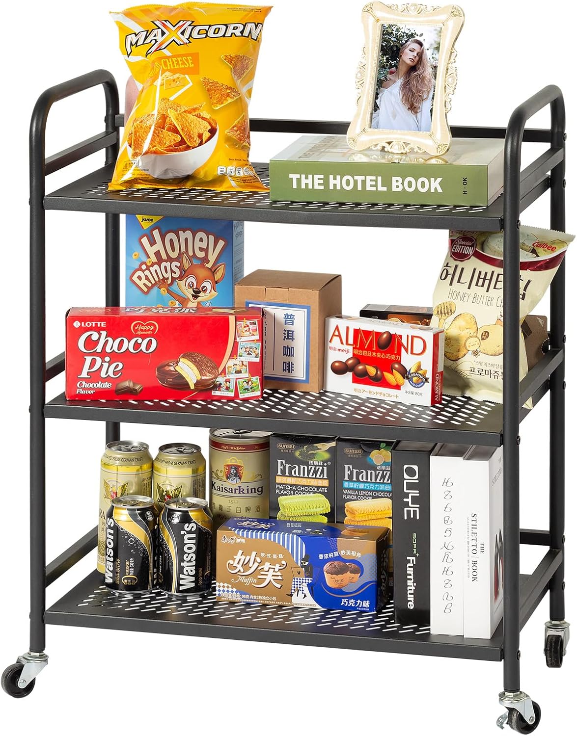 HDANI 3 Tier Metal Rolling Heavy Cart Supports 40 Lbs Per Tier,Mesh Rolling Cart with 2 Lockable Wheels for Office,Home,Bedroom,Kitchen,Bathroom(Black)