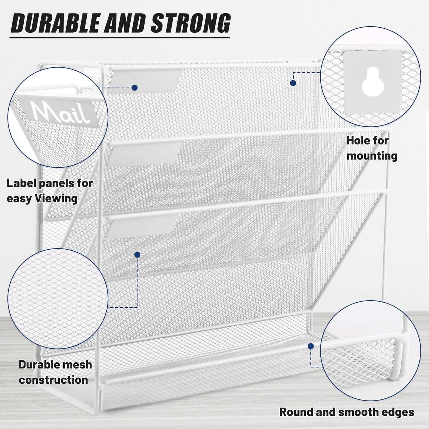 EASEPRES Desk File Organizer Mesh 4-Tier, Hanging Wall Mount Document Organization Stand, Desktop Vertical Mail Paper Folder Holder Rack with Bottom Tray for Office Home Cubicle Countertop, White