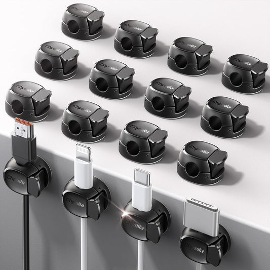 16Pack Cord Organizer [Dual Spring & Clasp, Max Secure] Cable Clips - Chfeila Cord Holder, Desk Cable Management, Adhesive Phone Charging Wire Holder for Nightstand/Car/Wall, Office Accessory - Black