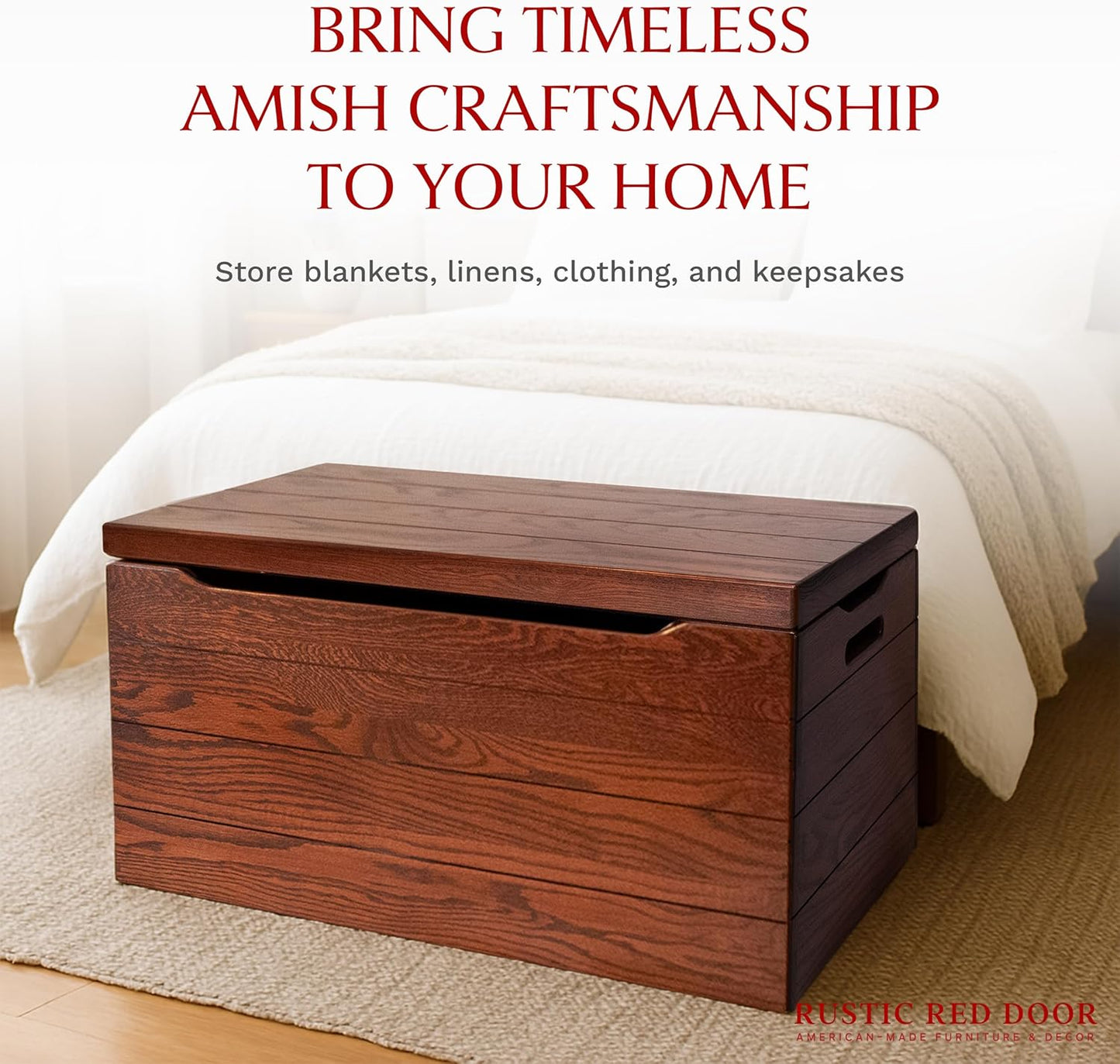 Amish Made Wooden Storage Chest Trunk Box with Lid and Handles for Bedroolanket, Clothes, Anti-Slam Hinges, Handmade, Rustic, Oak Wood, Michaels Stain, 36"