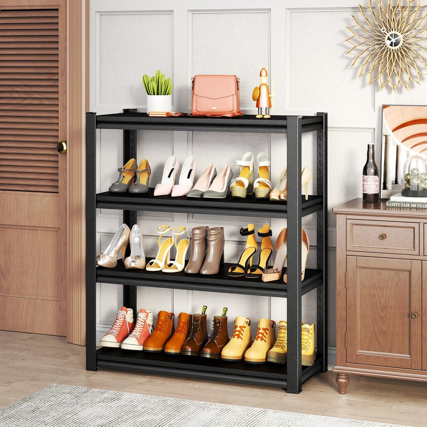 Storage Shelves, Garage Metal Shelving Unit, Adjustable, Double-Layer Column with Reinforced Ribs, Heavy-Duty, Capable of Bearing 600-3600 lbs (Black, 47''W*24''D*54''H, 4-Tier)