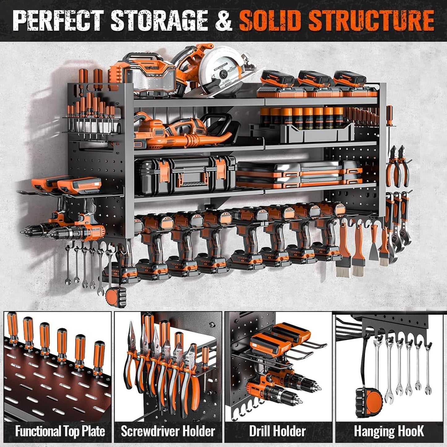 33" W Power Tool Organizer Wall Mount,4-Layer Heavy Duty Tool Storage with 10 Cordless Drill Holder,300 lb Capacity Garage Organization for Garage and Workshop,Black