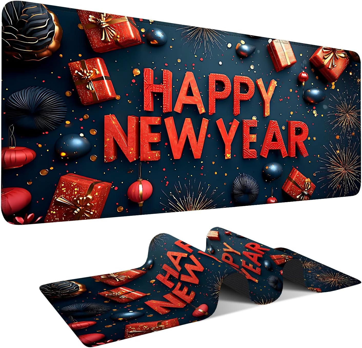 Happy New Year Gaming Mouse Pad 35.4"x15.7"Desk Mat Anti-Slip Rubber Base & Durable Stitched Edges for Gamers Smooth Mouse Writing Surface for Desk Office/Home