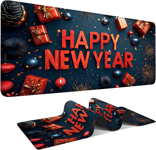 Happy New Year Gaming Mouse Pad 35.4"x15.7"Desk Mat Anti-Slip Rubber Base & Durable Stitched Edges for Gamers Smooth Mouse Writing Surface for Desk Office/Home