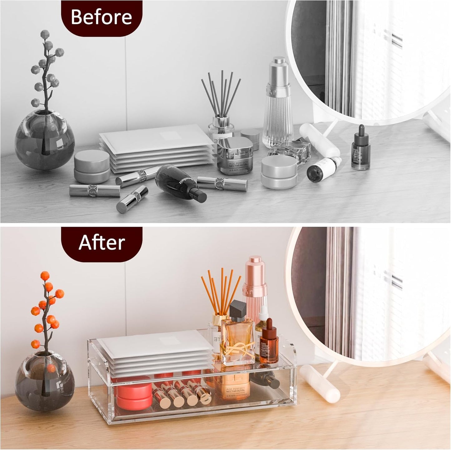 Acrylic Desk Organizer 12 "x 5.7" x 4", Clear Desktop Drawer Tabletop Storage Organization for Office Home Makeup Skincare Jewelry