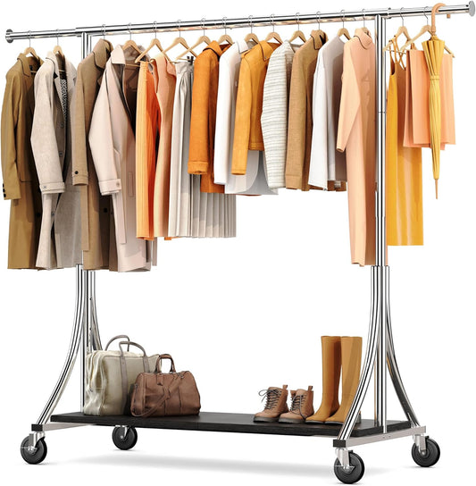 HOKEEPER Clothes Rack with Wood Shelves Height Adjustable Clothing Rack with Lockable Wheels 500LBS Portable Wooden Garment Closet for Bedroom, Living Room, Laundry, Balcony, Silver