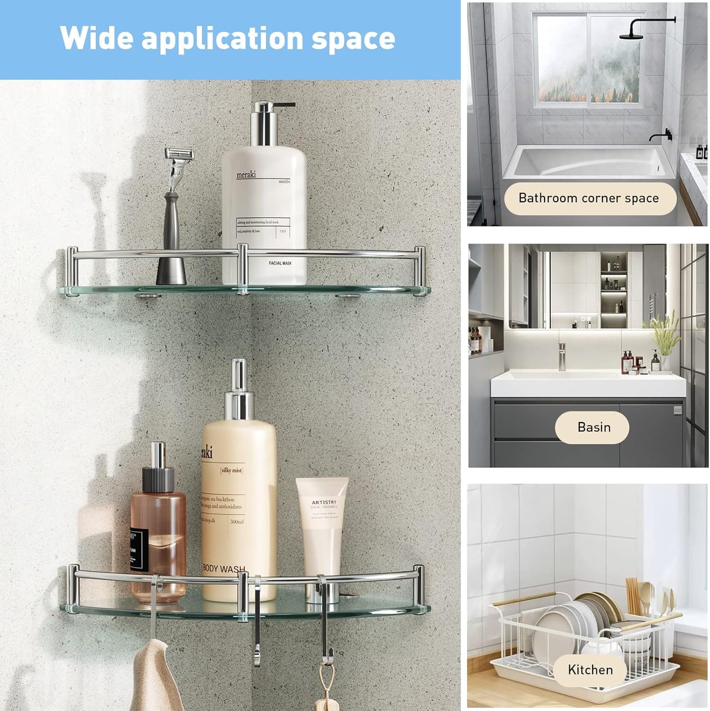 HouseMila Glass Shower Shelves, 2 Tier Tempered Glass Corner Shelf Shower Organizer with Extra 3 Hangers Shower Shelves for Inside Shower