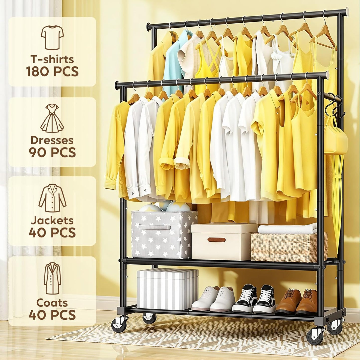 Double Rod Clothing Rack Heavy Duty with Oxford and Mesh Bottom Shelves, Garment Racks for Hanging Clothes, Portable Wardrobe Rack, Metal Clothes Rack Sturdy Coat Rack for Bedroom Laundry Living Room