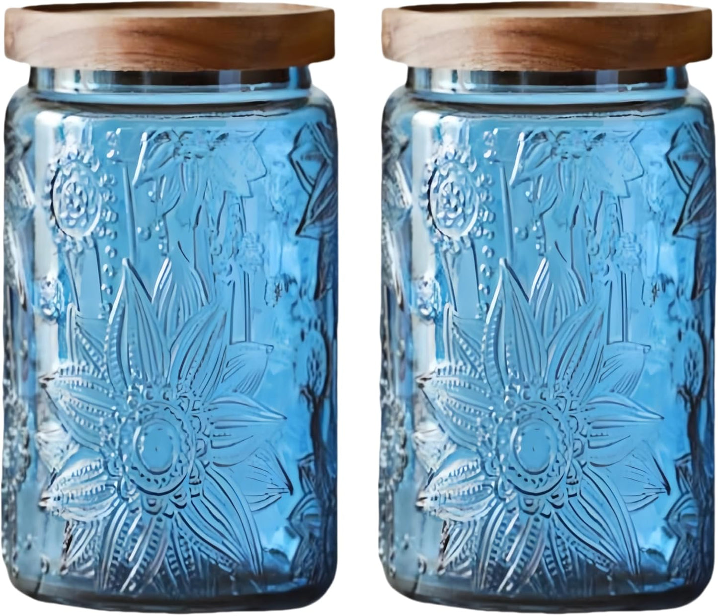 ANSQU Set of 2 Vintage Blue Glass Storage Jars with Wood Lids, 34oz Kitchen Canisters for Coffee, Sugar, Cookies, Candy – Decorative Pantry Organizers (Blue 2, 34 Ounces)