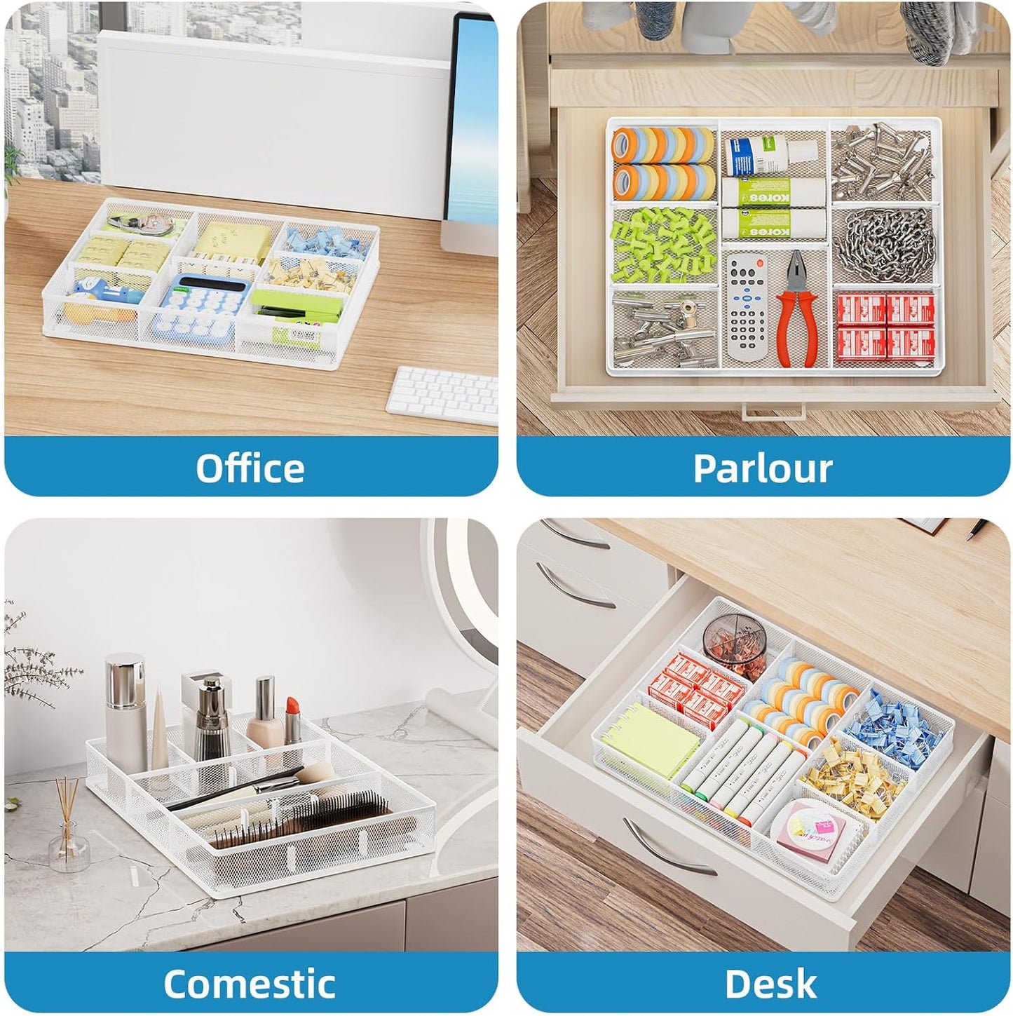 Marbrasse 2P Desk Drawer Organizer, Metal Mesh Drawer Organizer Tray with 5 Adjustable Compartments,Desk Organizers and Accessories for Home,Office,Kitchen,Makeup,Vanity (White)