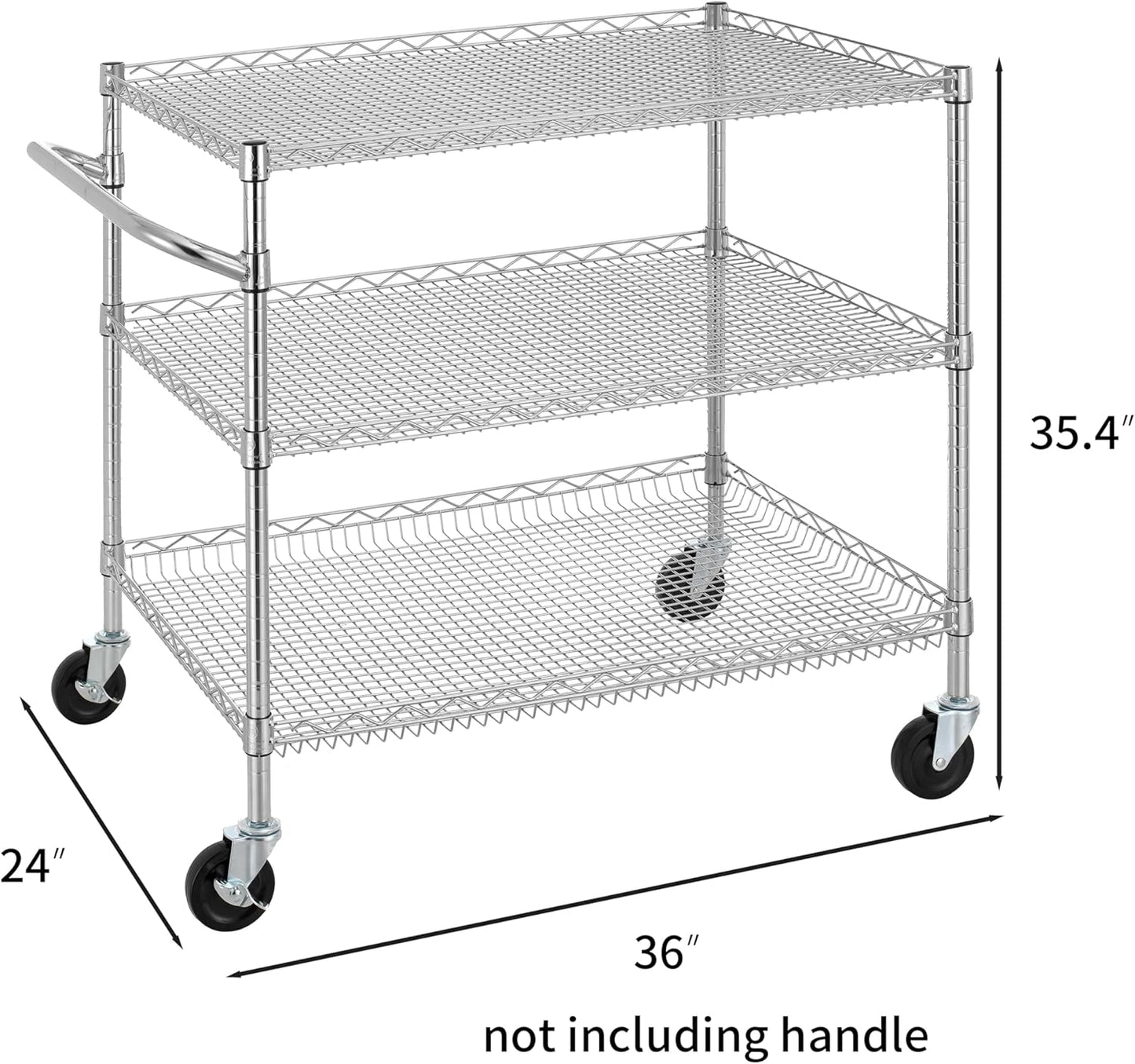 Finnhomy 3 Tier Heavy Duty Commercial Grade Utility Cart, Wire Rolling Cart with Handle Bar, Steel Service Cart with Wheels, Kitchen Carts on Wheels, Metal Cart Shelf Size 24" D x 36" W, NSF, Chrome