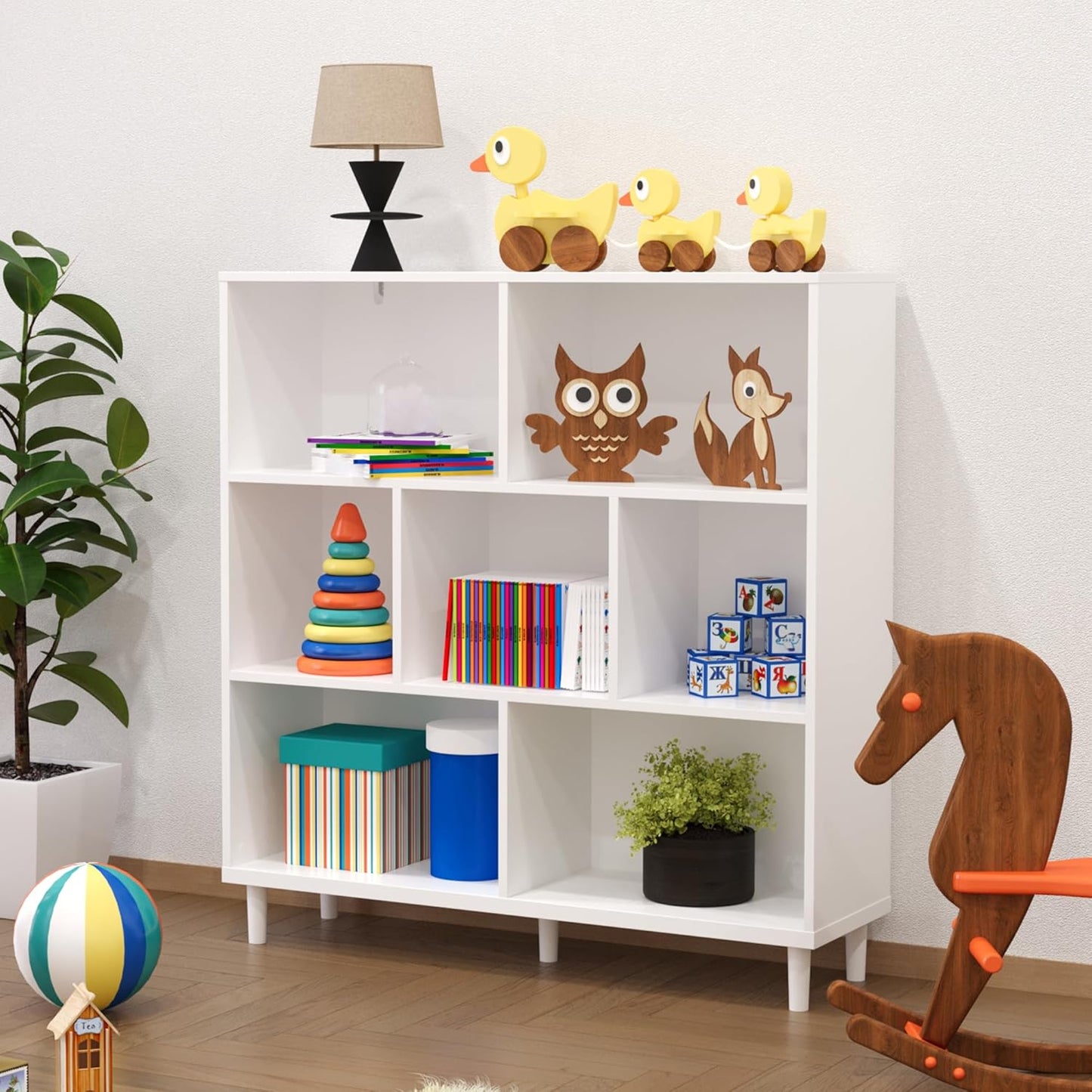 Wood Cube Storage Organizer White Bookshelf - 3-Tier Freestanding Storage Cabinet with Legs for Home Office, 7-Cubes Open Shelf