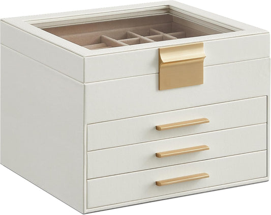 SONGMICS Jewelry Box Organizer with Glass Lid, 4-Layer Jewelry Storage, with 3 Drawers, Modern Style, Christmas Gift, 8 x 9.1 x 6.5 Inches, Cloud White and Gold Color UJBC173W01
