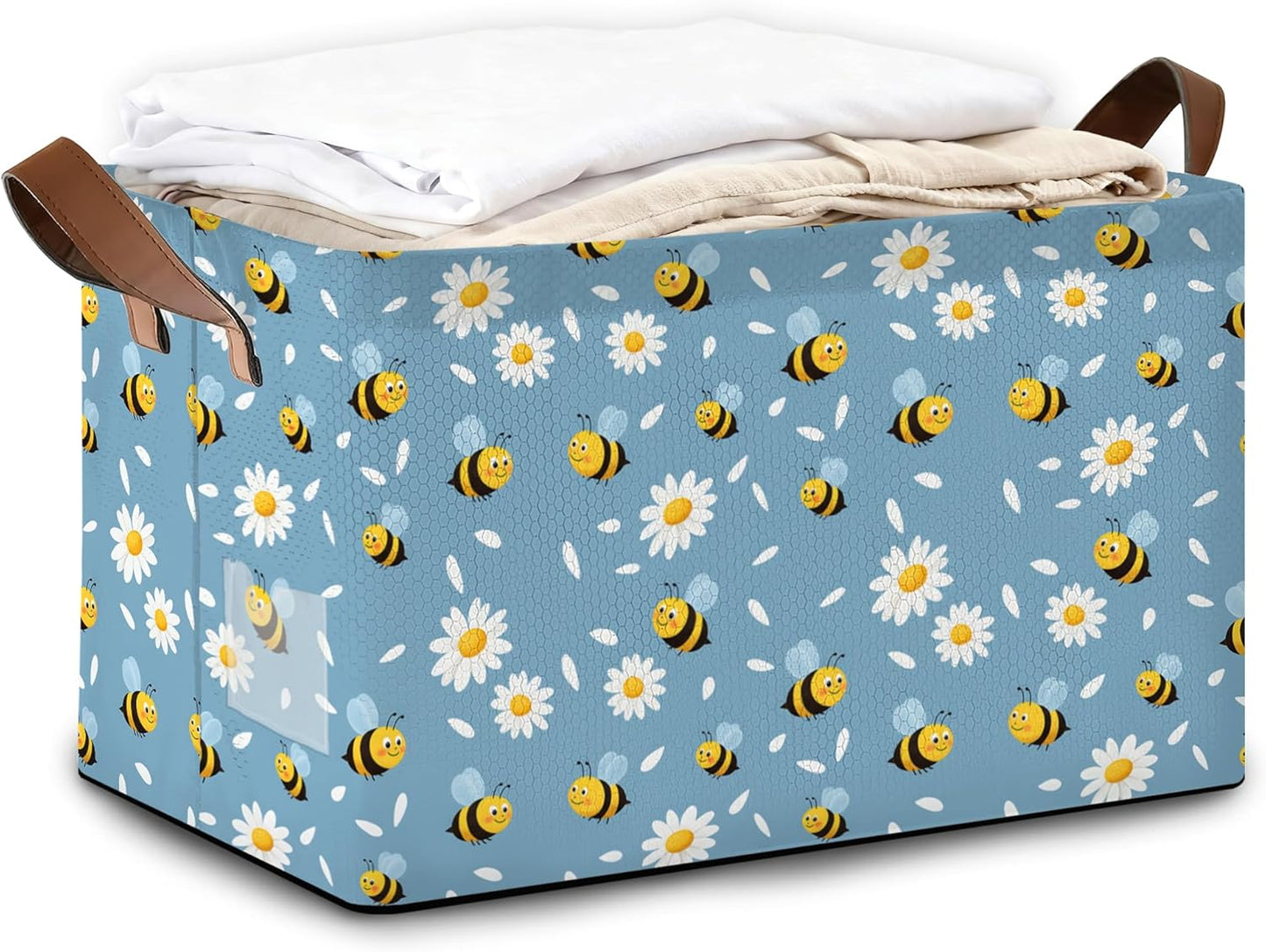 32L Large Storage Bins with Handles, Basket Organizer for Shelves, Closet, Books, Laundry & Home Decor (Bee Daisy)