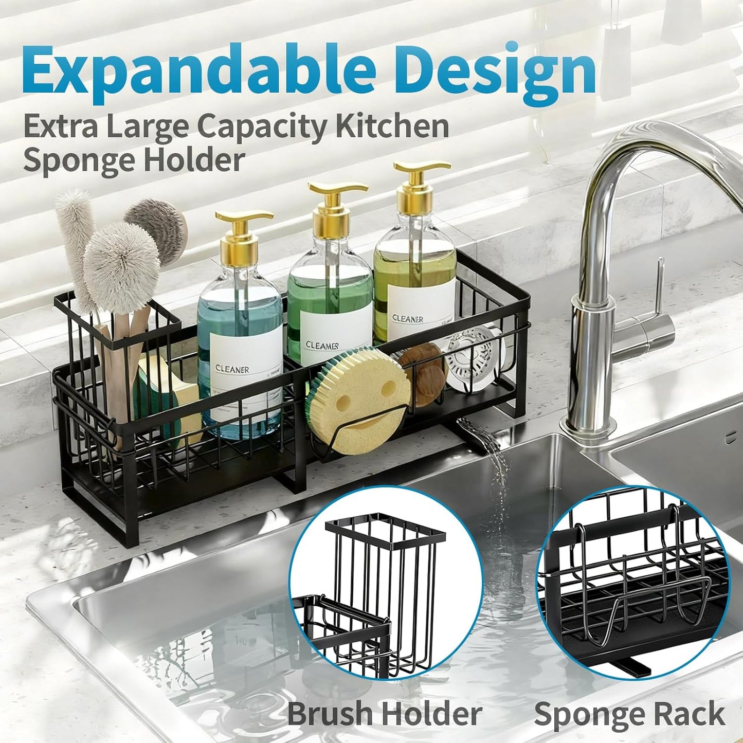 Extra Large Extendable Sponge Holder for Kitchen Sink, Rustproof Sink Caddy Organizer with High Brush Holder, Dish Soap Dispenser Organizers and Storage, Home Essentials Kitchen Countertop Accessories