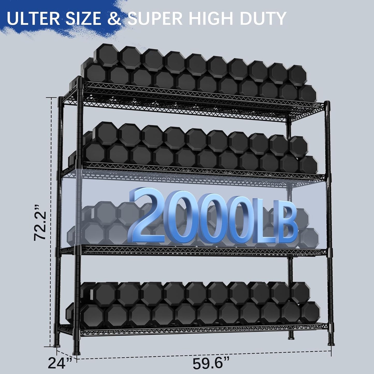 Heavy Duty Shelving, 72.2" H Garage Shelving Unit with Leveling Feet, 4-Tier Adjustable Garage Storage Shelves Metal Rack, Industrial Shelving for Warehaouse Storage, 60" W x 24" D x 72.2" H, Black