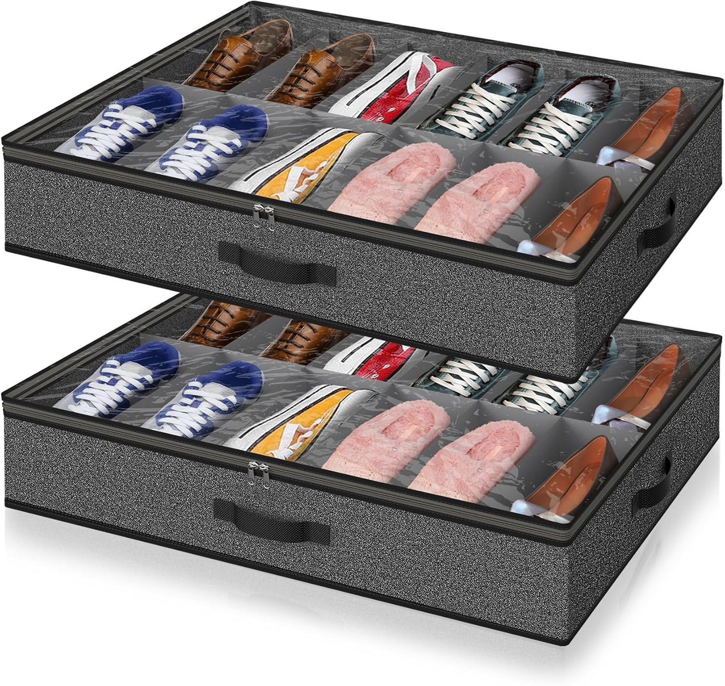2 Pack Under Bed Shoe Storage Organizer for Closet, Fits Total 24 Pairs Foldable Underbed Shoes Containers Boxes Under the Bed Storage Bedding with Sturdy Handles&Clear Window for College Dorms, Grey