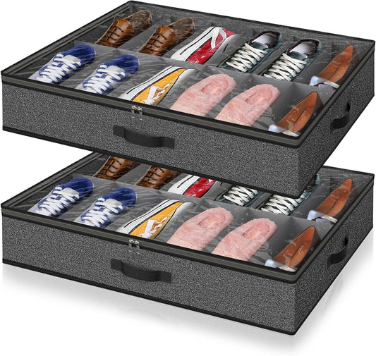2 Pack Under Bed Shoe Storage Organizer for Closet, Fits Total 24 Pairs Foldable Underbed Shoes Containers Boxes Under the Bed Storage Bedding with Sturdy Handles&Clear Window for College Dorms, Grey