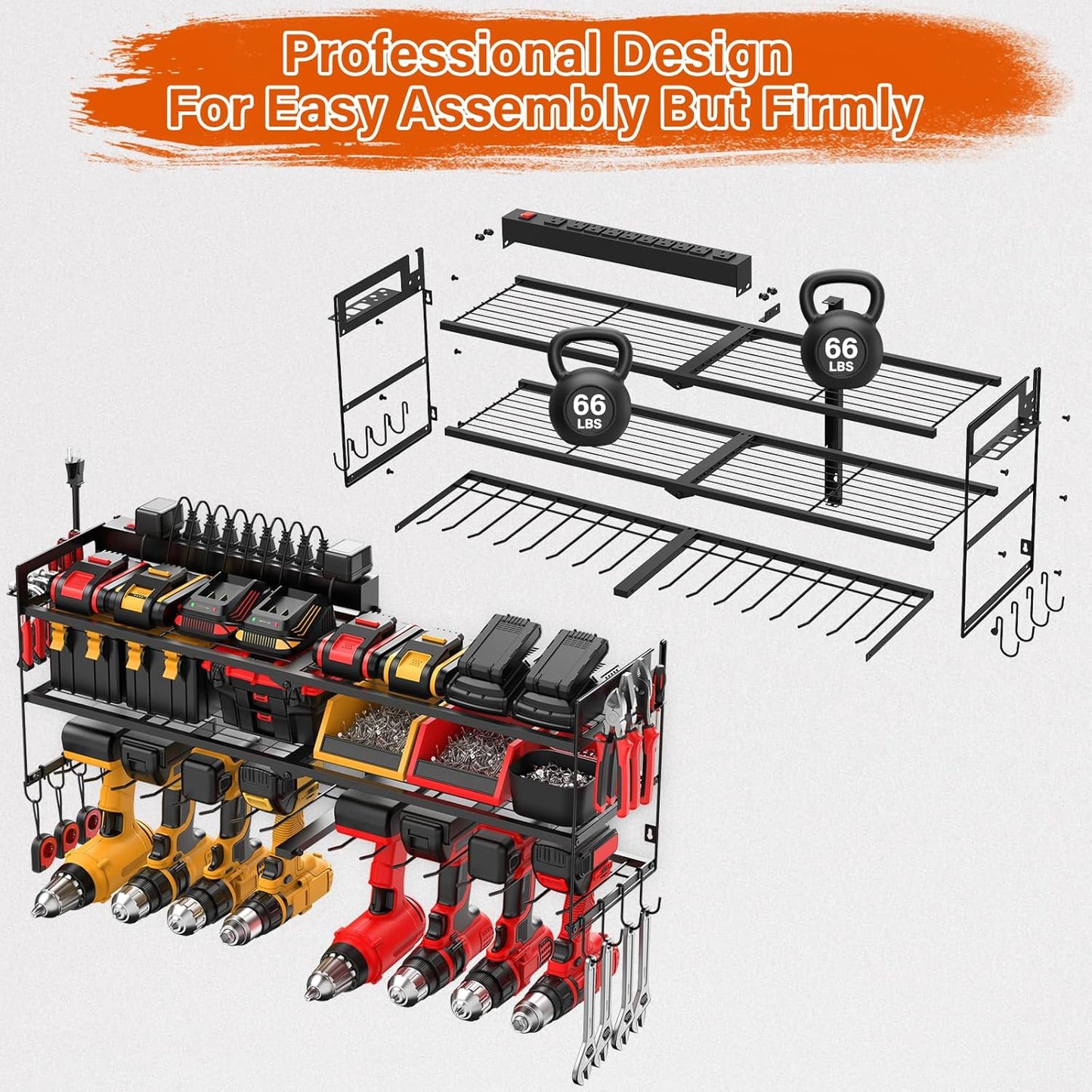 JUNNUJ Large Power Tool Organizer with 10 Outlet Power Strip, 3 Layer Wall Mount Drill Holder with Charging Station, 8 Drills Storage Shelf Shop Garage Utility Rack, Black