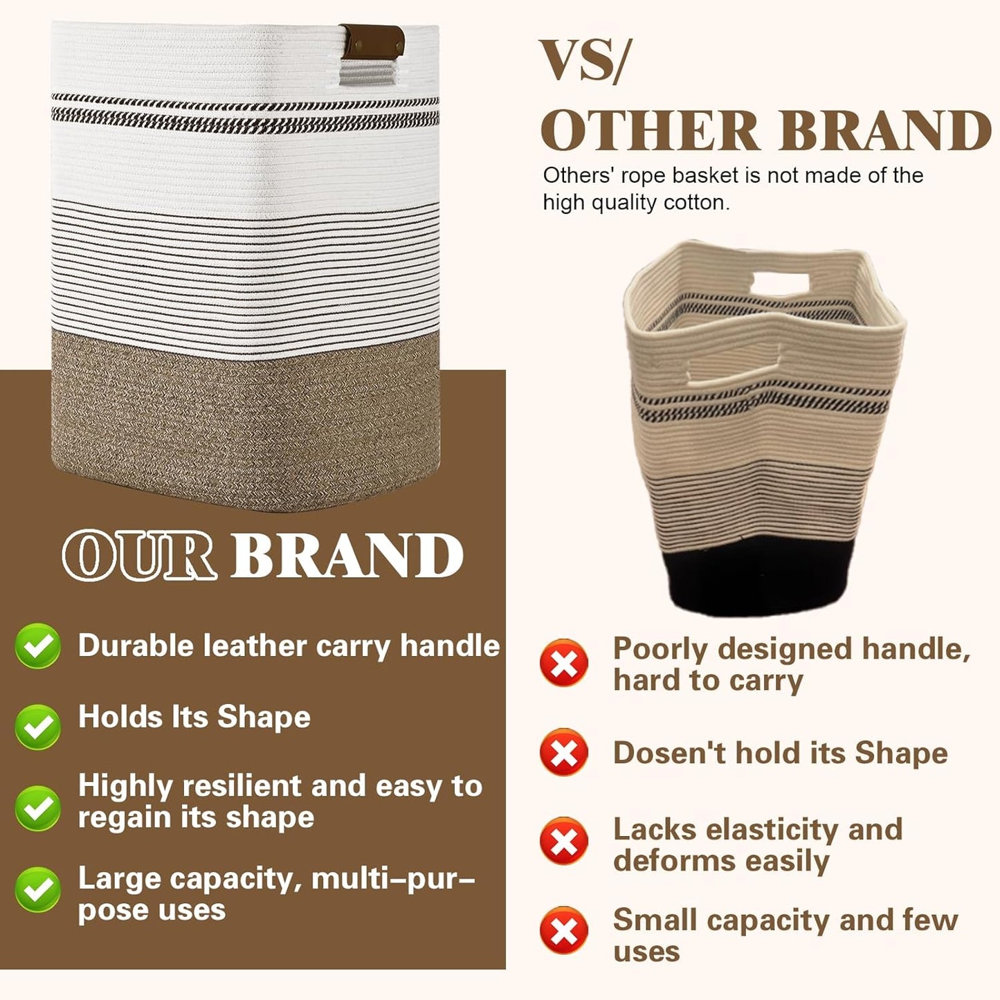 Laundry Hamper, 85L Tall Laundry Basket with Leather Handles, Rectangle Large Clothes Hamper for Organizing, Cotton Woven Laundry Baskets Storage Hampers for Bedroom, Nursery, Living Room