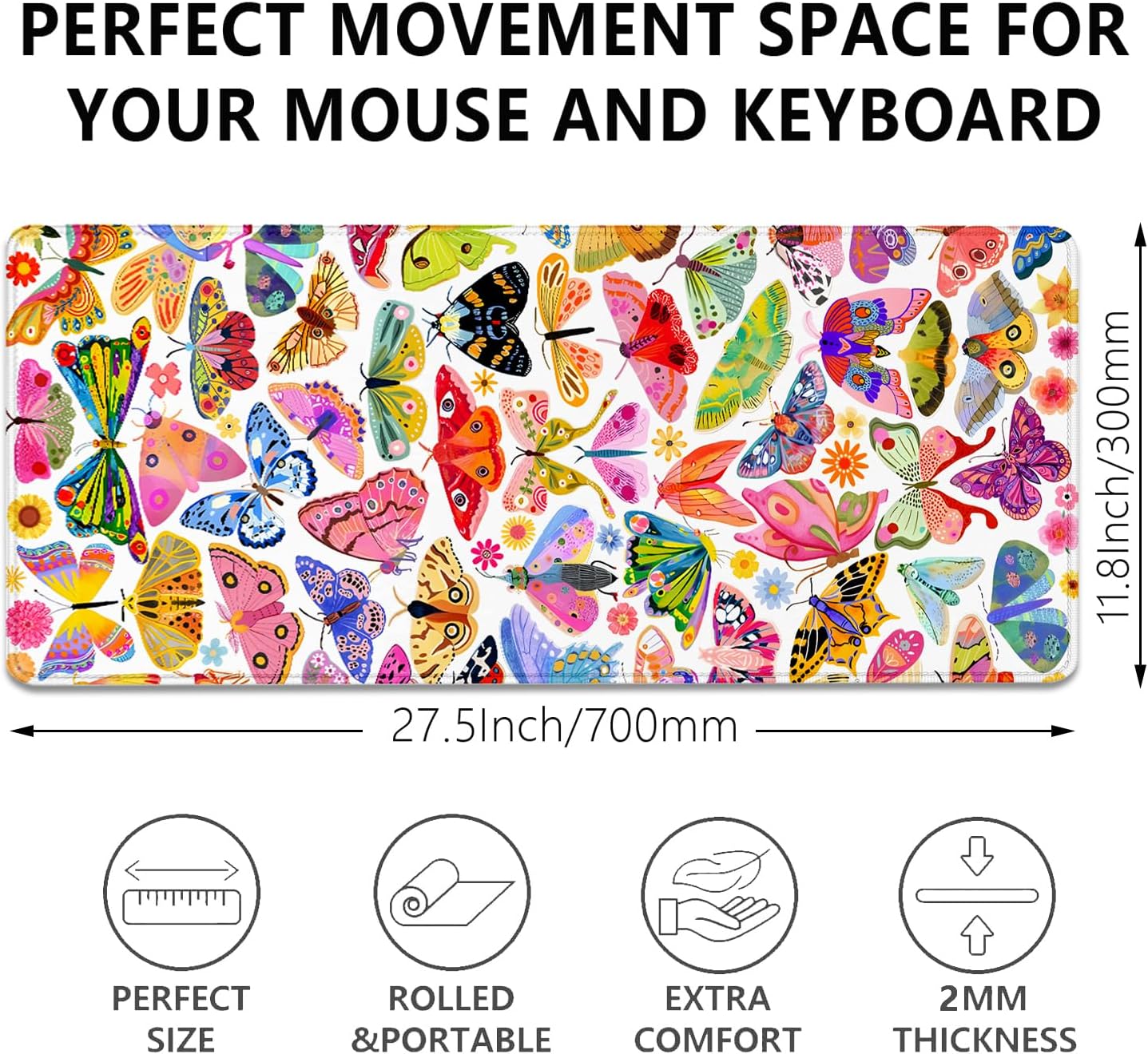 Colorful Butterfly Mouse Pad,Large Extend Mousepad Desk Pad with Stitched Edges,Non-Slip Waterproof Rubber Base Mouse Mat Desk Mat for Office Computer Keyboard Laptop Home(27.5x11.8 in)