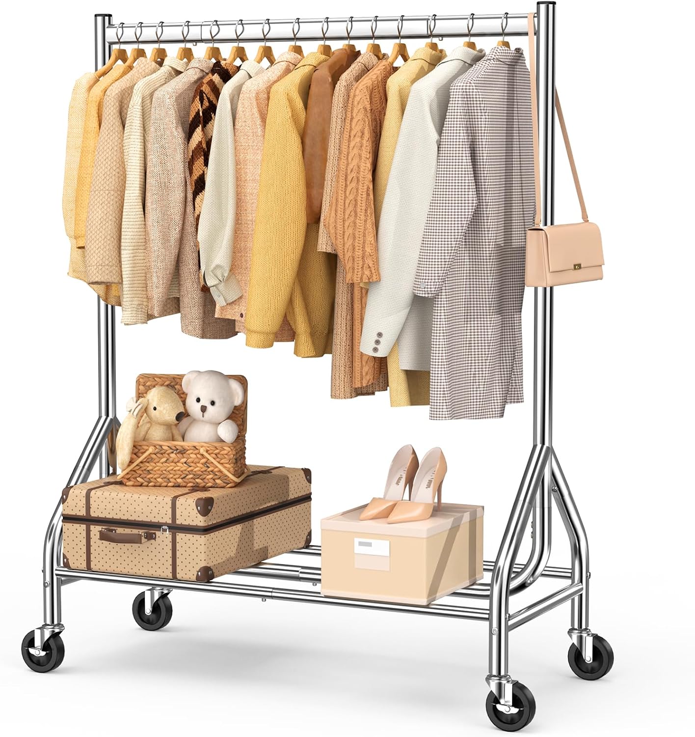EAGMAK Heavy Duty Clothes Rack Load 420 LBS, Rolling Garment Rack with Lockable Wheels, Standing Metal Clothing Rack with Shelves, Portable Wardrobe Sturdy Coat Rack for Hanging Clothes (Silver)