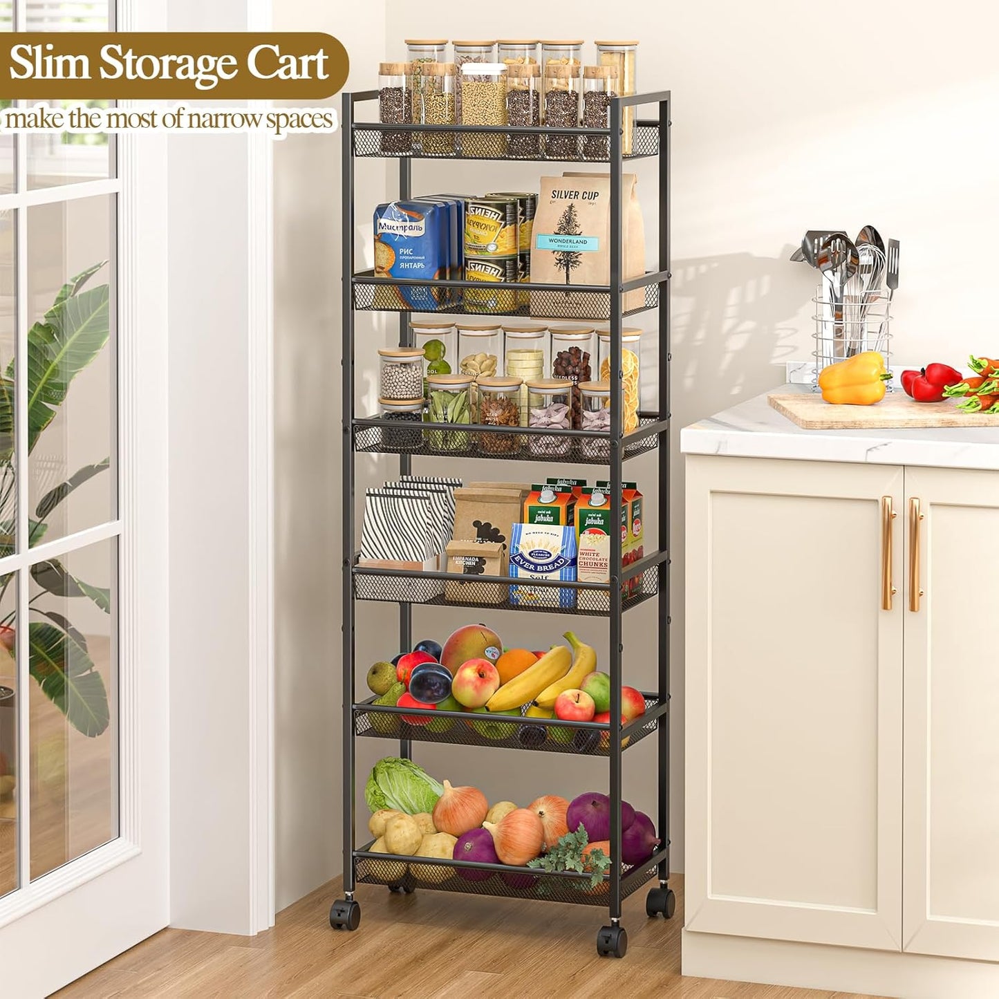 6 Tier Slim Rolling Storage Cart, Narrow Mobile Shelving Unit Organizer Utility Cart with Wheels, Metal Wire Storage Rack with Baskets for Kitchen, Bathroom, Laundry & Living Room, 10in(W) Black